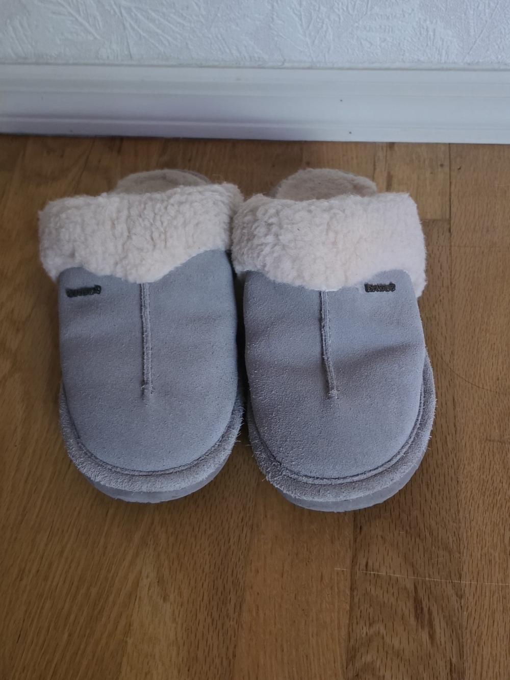 Bearpaw Suede Faux-Shearling Slip-On Slippers in Light Gray